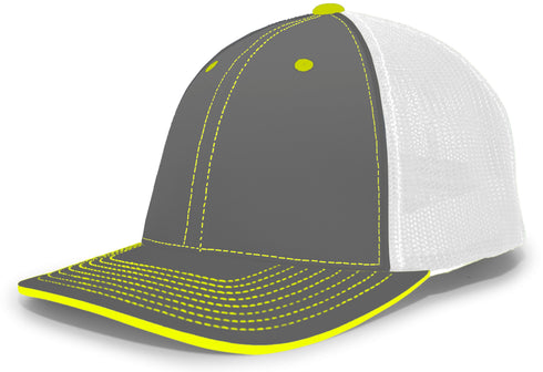 Pacific Headwear Trucker Flexfit® Cap, Size S/M (404M), Color 'GraphiteWhiteNeonYellow'